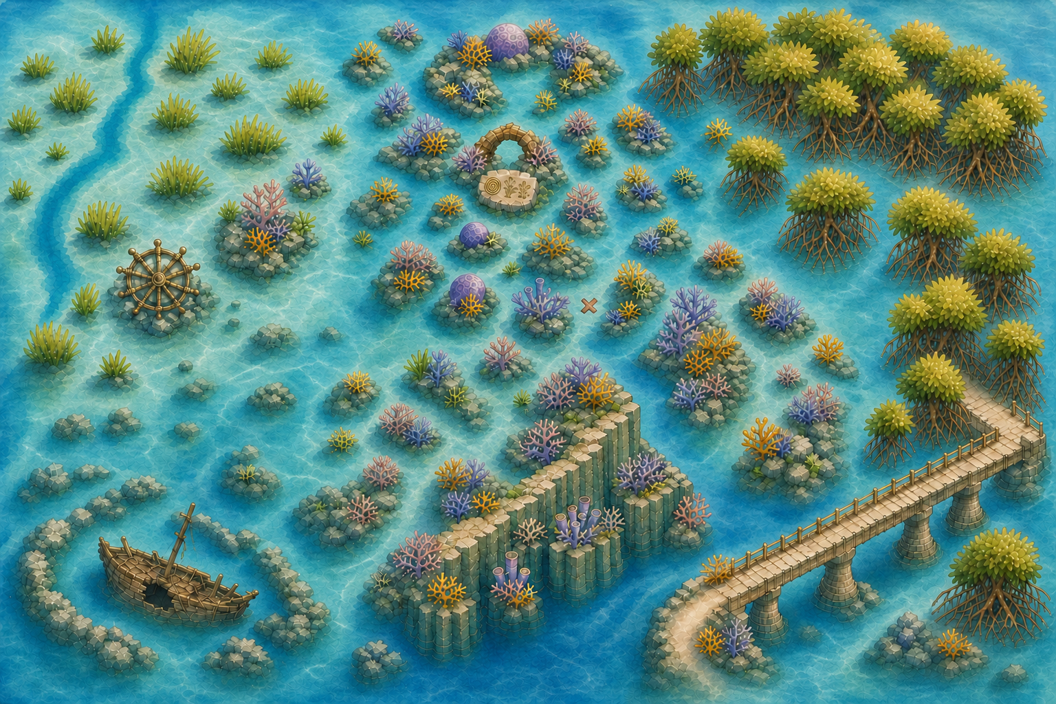Illustrated map of Castlebury's Florida Keys-inspired ocean world